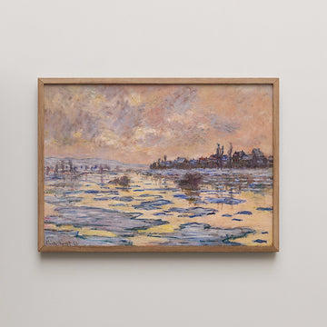 Framed painting of a serene landscape at sunset, featuring a river with ice patches and a distant town under a colorful sky.