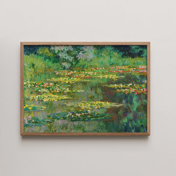 Claude Monet painting titled Le Bassin des Nympheas, a calm lily pond with scattered pink and yellow blooms and mirrored trees.