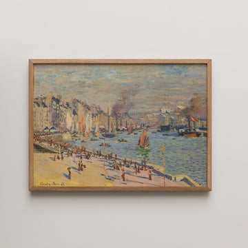 Painting of a bustling harbor scene with sailboats and steamships, framed in light wood.