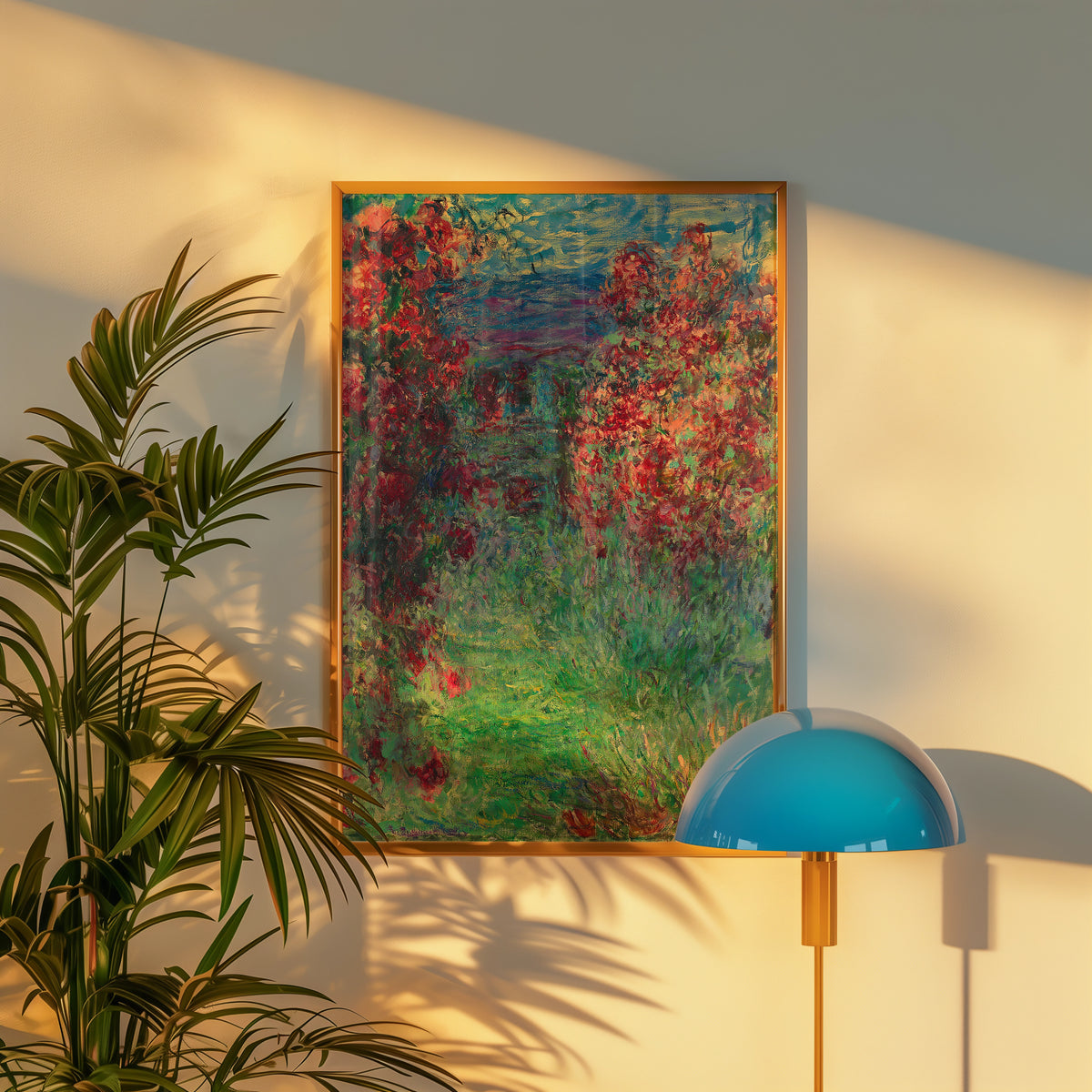 Framed impressionist painting of a vibrant garden scene with red flowers and green foliage, displayed on a wall beside a modern blue lamp and a potted plant.