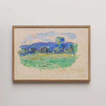 Painting of a landscape with vibrant green fields and blue hills, framed in natural wood.