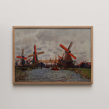 Claude Monet painting titled Mills at Westzijderveld near Zaandam, red bladed windmills lining a calm Dutch canal under grey sky.
