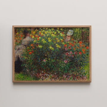 Framed painting of two figures partially obscured by a colorful flower garden, featuring vibrant blooms in shades of red, yellow, and pink.