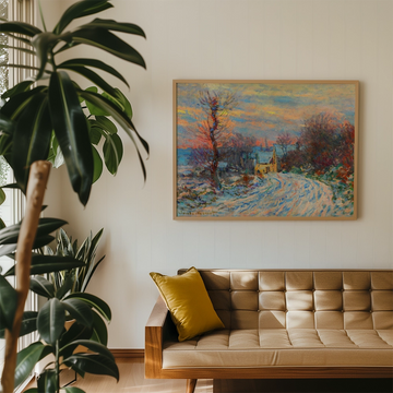 A colorful landscape painting featuring a winding road and a small house, displayed above a modern sofa with a yellow cushion in a stylish interior setting.