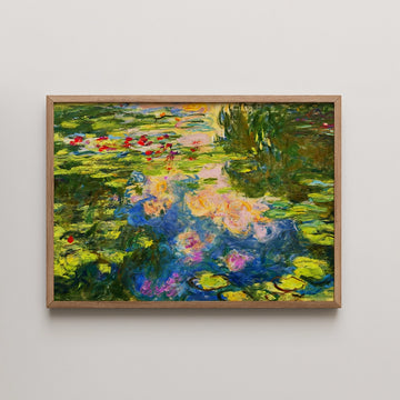 Claude Monet painting titled Le Bassin aux nymphéas, a dense water lily pond with red blooms and golden reflected light.