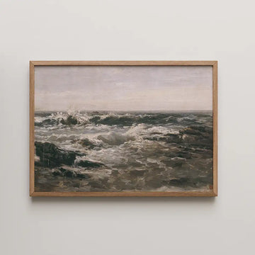 Painting of turbulent ocean waves framed in wood, depicting a dramatic seascape with grey skies.