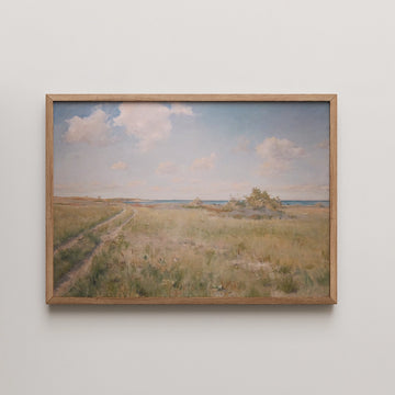 William Merritt Chase landscape painting titled The Old Road to the Sea, a sandy track through dune grass leading to a distant strip of ocean.