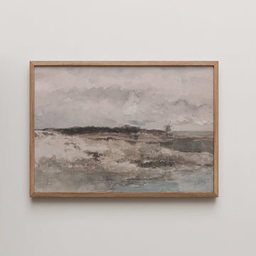 Johan Hendrik Weissenbruch landscape painting titled Gezicht Op Het Dekkersduin Bij Den Haag, a windmill on a dune above pale sand under a grey sky.
