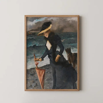 Alfred Stevens genre painting titled Le Coup De Vent, a woman in a dark coat holding a wind blown umbrella beside a dog on a stormy shore.