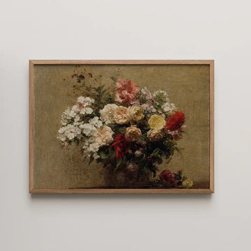 Painting of a colorful bouquet of flowers in a decorative vase, framed in a light wood frame against a neutral background.