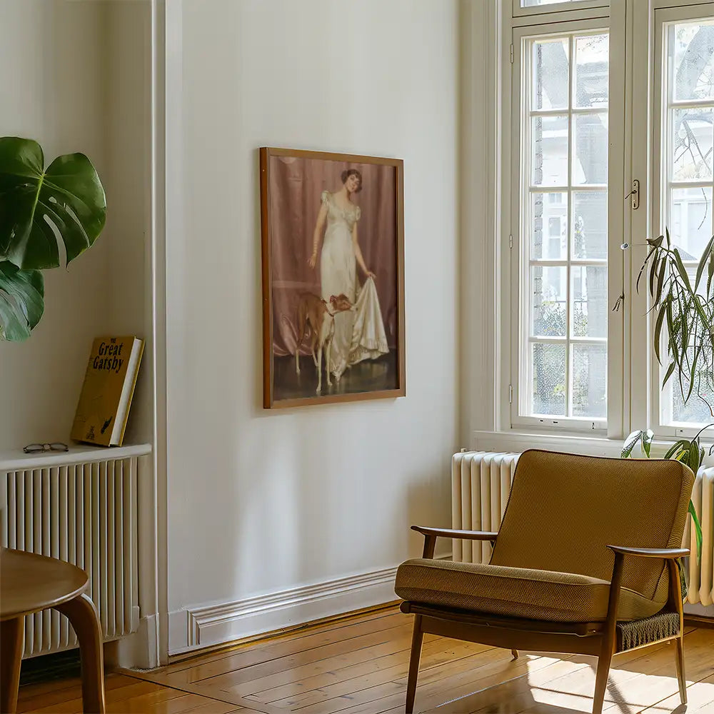 Elegant painting of a woman in a white dress with a dog, displayed on a wall in a cozy living room setting with a plant and vintage furniture.