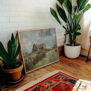 Painting of a rural landscape featuring a farmhouse surrounded by grass, displayed near potted plants in a cozy interior setting.