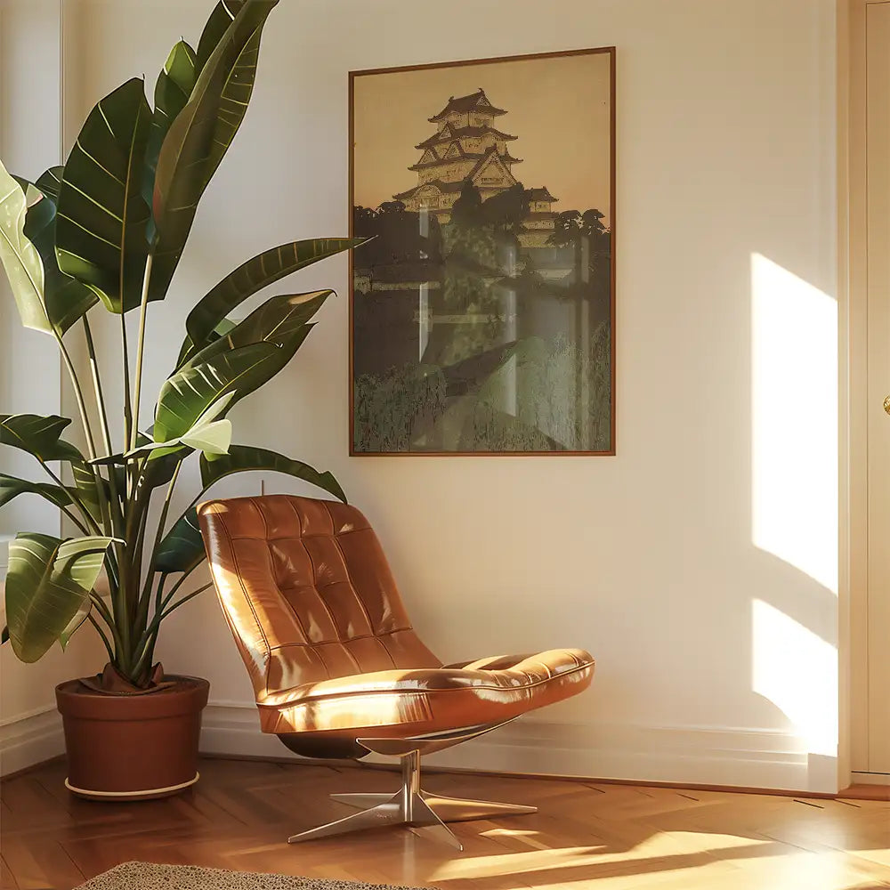A cozy corner featuring a stylish brown chair, a tall green plant, and a framed painting of a pagoda on a wall.