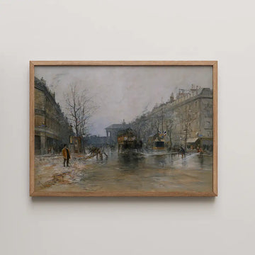 Painting of a winter street scene featuring horse-drawn carriages and figures walking along a snow-covered street, framed in light wood.
