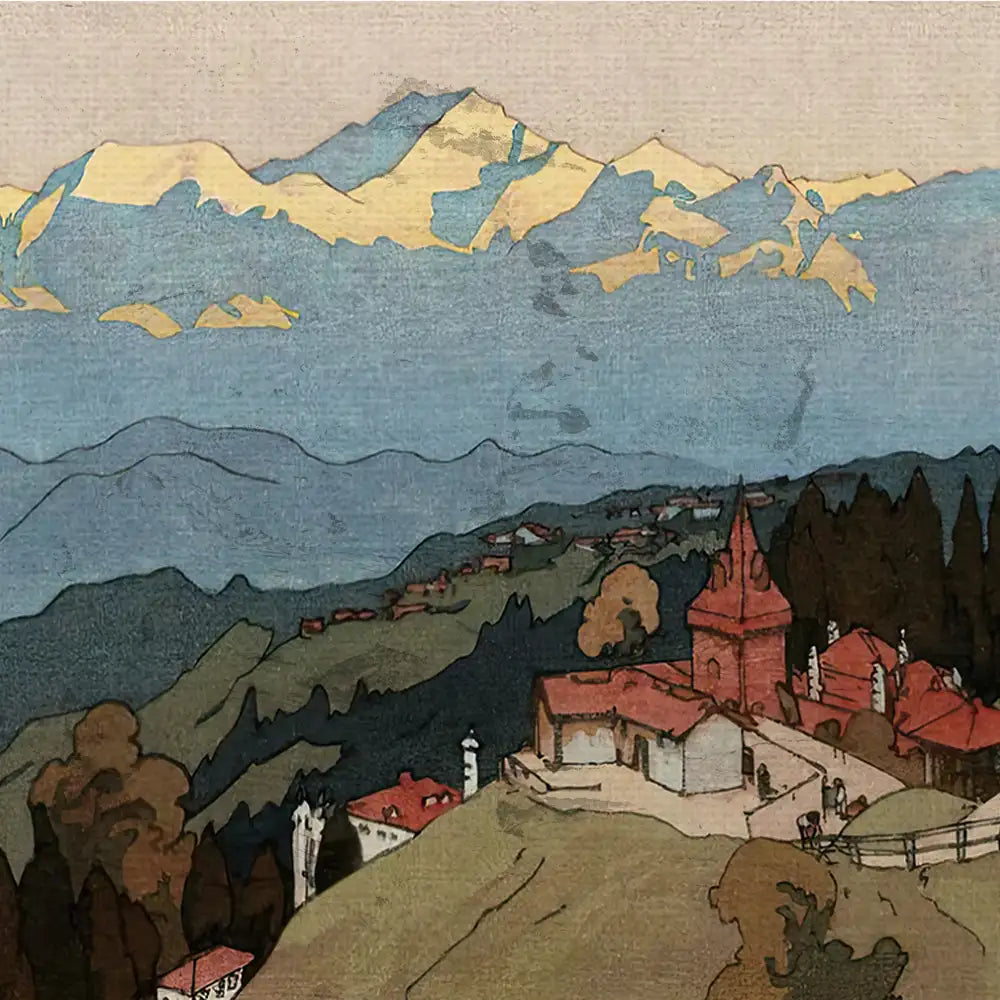Mountain landscape painting featuring a village with red-roofed houses and snow-capped peaks in the background.