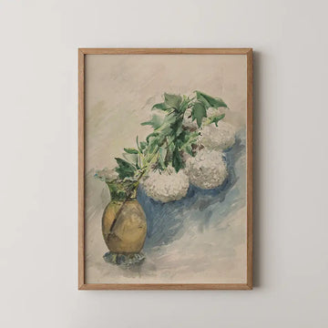Zacharie Astruc watercolour painting titled White Flowers, white snowball blossoms and green leaves arching from a small ochre jug.