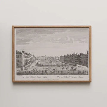 Framed vintage engraving of Lincoln's Inn Fields in London, depicting buildings, figures, and horse-drawn carriages.