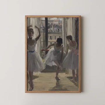 Painting of three ballet dancers in white tutus rehearsing in a sunlit room with large windows.