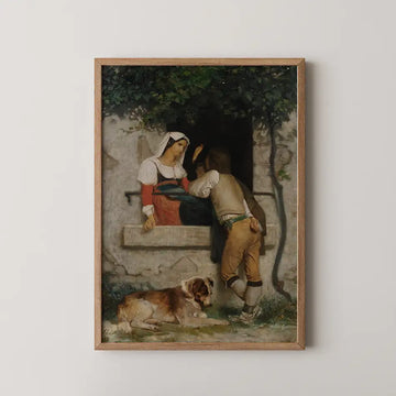 Painting of a woman in historical attire sitting at a window while a man leans toward her, with a dog lying in front on the ground.