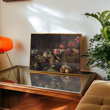 Still life painting featuring flowers, fruits, and small animals displayed on a coffee table with a modern lamp and plant in a cozy interior setting.