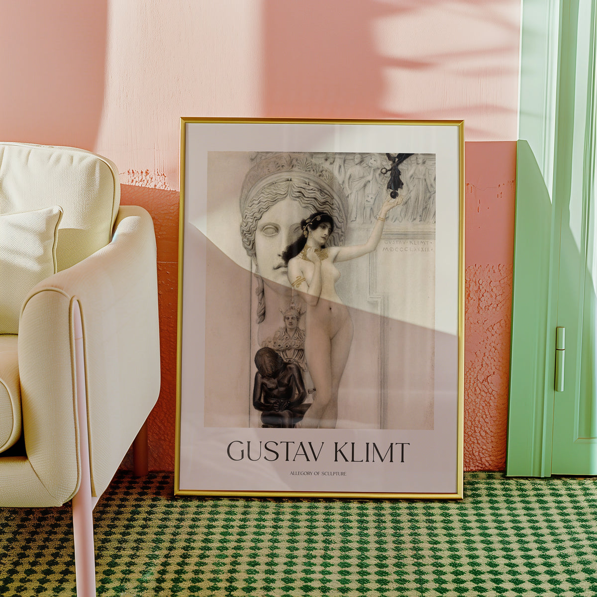 Gustav Klimt painting titled "Allegory of Sculpture" beautifully framed and displayed in a modern living room setting.
