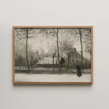 Framed painting of a winter scene with bare trees and a figure holding an umbrella walking along a snowy path.