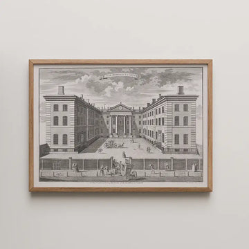 Framed black and white engraving of the Admiralty Office, featuring a courtyard scene with people and carriages.