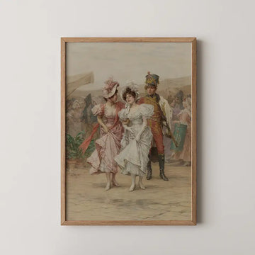 Frederik Hendrik Kaemmerer genre painting titled The Fête At St. Cloud, two women in pink and white gowns walking with a uniformed officer at an outdoor fair.