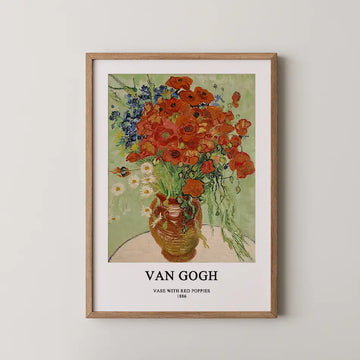 Vincent van Gogh painting titled Vase With Red Poppies, a clay jug filled with red poppies, blue cornflowers and white daisies on a pale table.