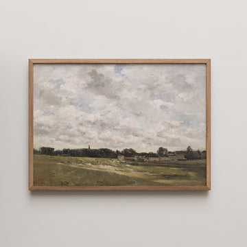 Jean-Eugene Clary landscape painting titled Landscape, a heavy cloud bank rolling above flat harvested fields and a distant village.