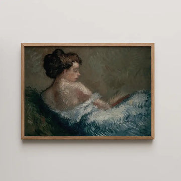 Painting of a woman in profile, draped in a light blue shawl, framed in natural wood, set against a muted background.