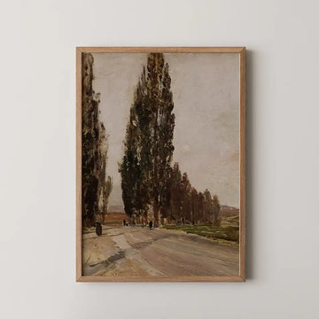 Emil Schindler landscape painting titled Boulevard of Poplars near Plankenberg, tall autumn poplars lining a dirt road toward a low hanging sun.