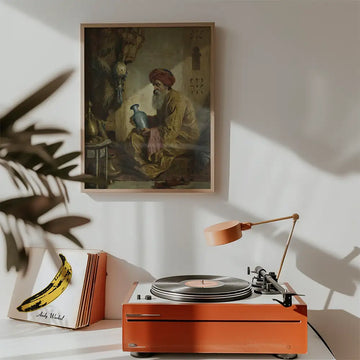 Painting of a man in traditional attire holding a vase, displayed in a modern interior with a turntable and a record album nearby.
