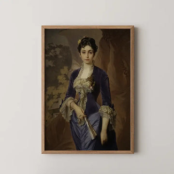 Portrait of a woman in a blue velvet gown with lace detailing, holding a fan, framed in wood, against a muted background.
