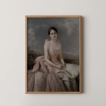 Edward Hughes painting titled Juliette Gordon Low, a young woman in a pink satin gown seated before a hazy landscape.