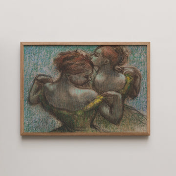 Painting of two women with red hair wearing green dresses, framed in a light wood frame, against a textured blue background.