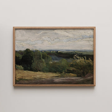 Martin Malharro landscape painting titled En plena naturaleza, two travellers descending a wooded valley toward a misty, backlit river below.
