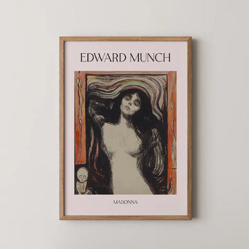Framed poster of Edward Munch's painting "Madonna" featuring a woman with long hair and a haunting expression against a colorful abstract background.