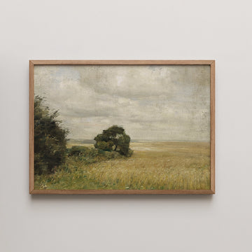Carl Holsoe landscape painting titled Landscape with a view of a field, golden wheat beside a dark hedgerow under a grey sky.