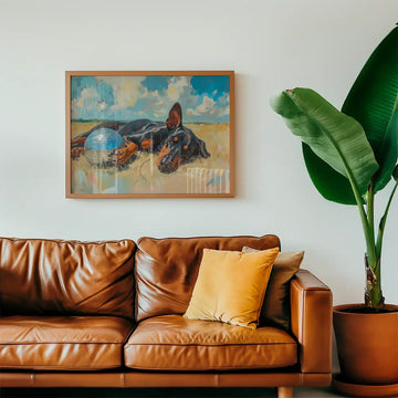 Modern reprint of a famous painting featuring a Doberman resting with a disco ball, displayed above a brown leather sofa in a stylish living room.