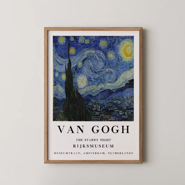 Vincent van Gogh painting titled The Starry Night, a swirling blue night sky with bright stars over a village and a tall dark cypress tree.