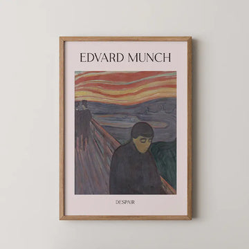Framed poster of Edvard Munch's painting "Despair," featuring a somber figure in front of a colorful sunset over a landscape.