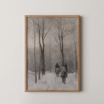 Painting of a winter landscape featuring three horseback riders on a snow-covered path surrounded by bare trees, framed in a light wood frame.