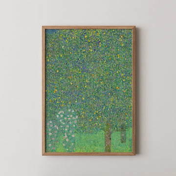 Framed abstract painting featuring vibrant green hues with splashes of color resembling flowers and foliage.