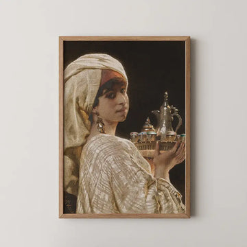 Carl Haag portrait painting titled The Coffee Service, a woman in a white headscarf carrying an ornate silver coffee tray.