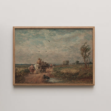 David Cox landscape painting titled Going to the Hayfield, farm workers and a horse on a windswept country lane.