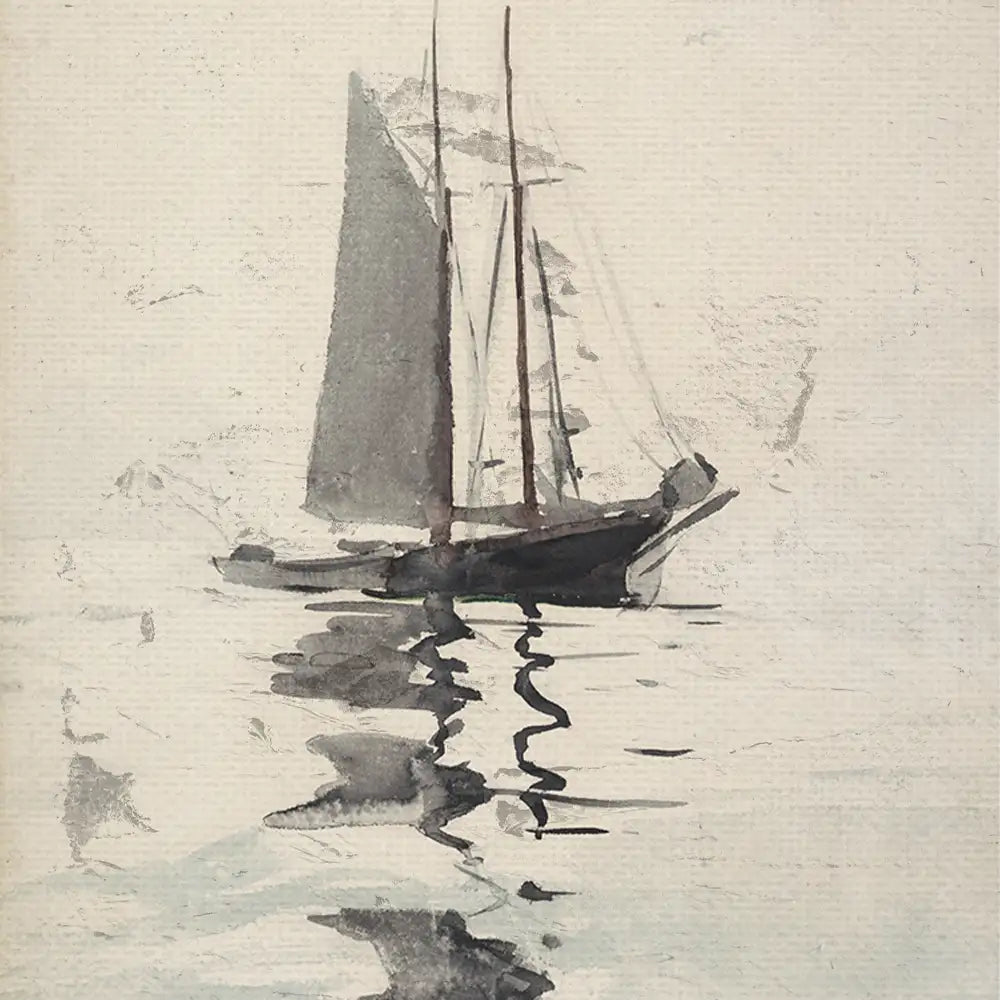 Watercolor painting of a sailboat on calm water, featuring muted tones and soft reflections.