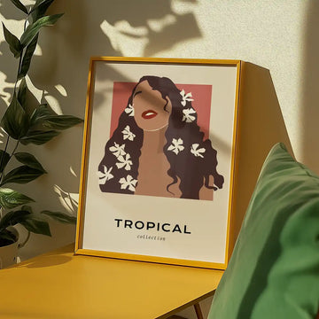 Woman with White Plumeria in Hair — poster in an example room arrangement; frame not included