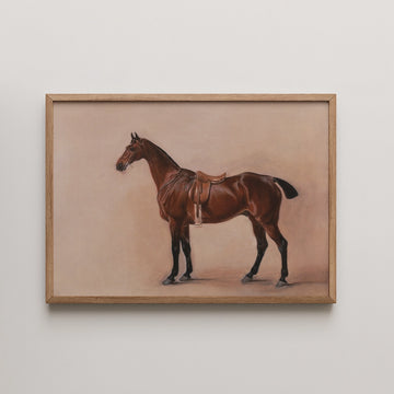 Framed painting of a brown horse standing with a saddle on a neutral background