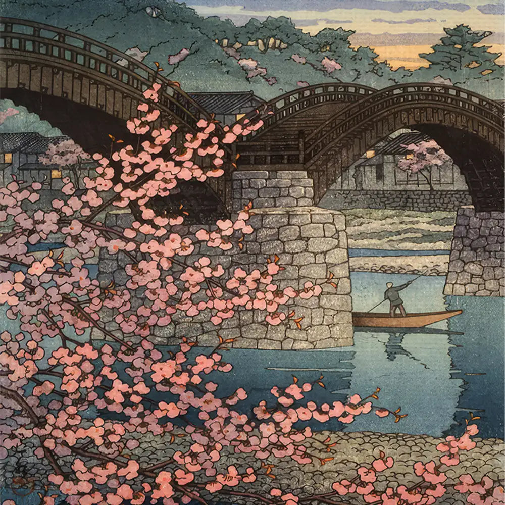 A serene painting depicting a traditional Japanese bridge surrounded by blooming cherry blossoms, with a calm river under twilight skies and a lone figure in a boat.